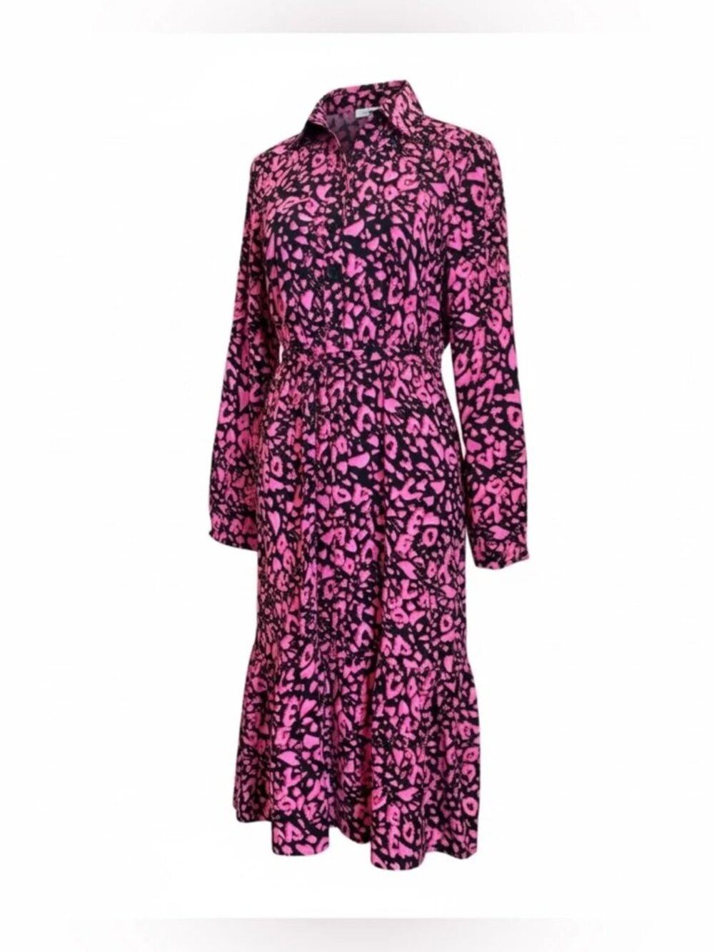 LOFT outlet Black Pink Animal Print Belted shirt dress size Large Valentines